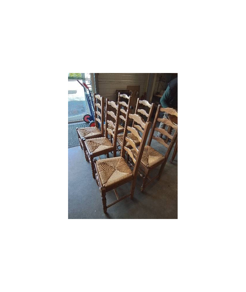 6 CHAISES BOIS PAILLÉ A ENTRETOISE PIEDS BALUSTRE DOSSIER 4 BARREAUX CHANTOURNÉ 