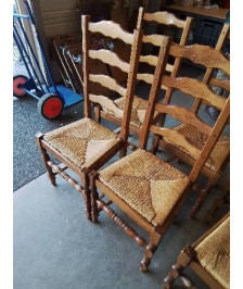 6 CHAISES BOIS PAILLÉ A ENTRETOISE PIEDS BALUSTRE DOSSIER 4 BARREAUX CHANTOURNÉ 