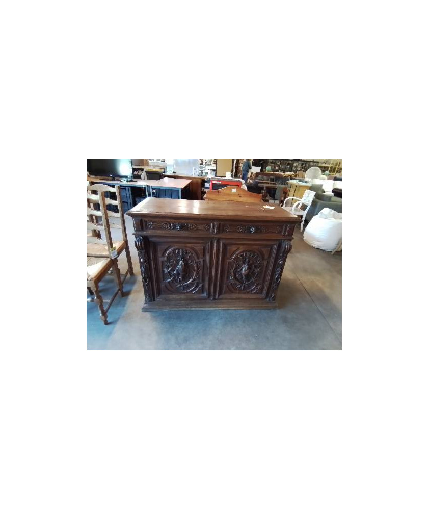 BUFFET DE CHASSE BOIS SCULPTÉ AU GIBIER 2 PORTES 2 TIROIRS FIN XIXE