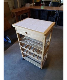 DESSERTE DE CUISINE A ROULETTES BOIS CLAIR DESSUS CARRELÉ BLANC 1 TIROIRS 