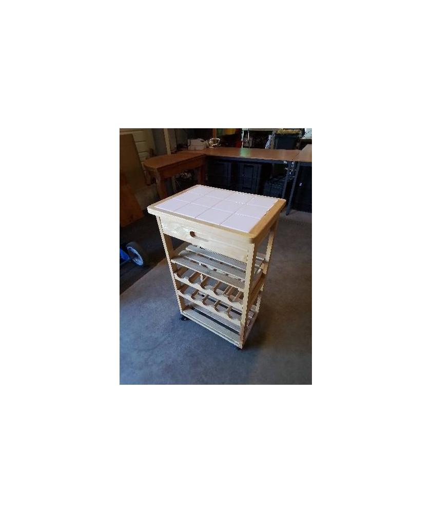 DESSERTE DE CUISINE A ROULETTES BOIS CLAIR DESSUS CARRELÉ BLANC 1 TIROIRS 