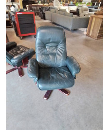 FAUTEUIL RELAX CUIR VERT PIÈTEMENT BOIS 