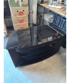 MEUBLE TV HOME CINÉMA BARRE DE SON ET CAISSON INTÉGRÉS DENON VERRE ET ACIER NOIR