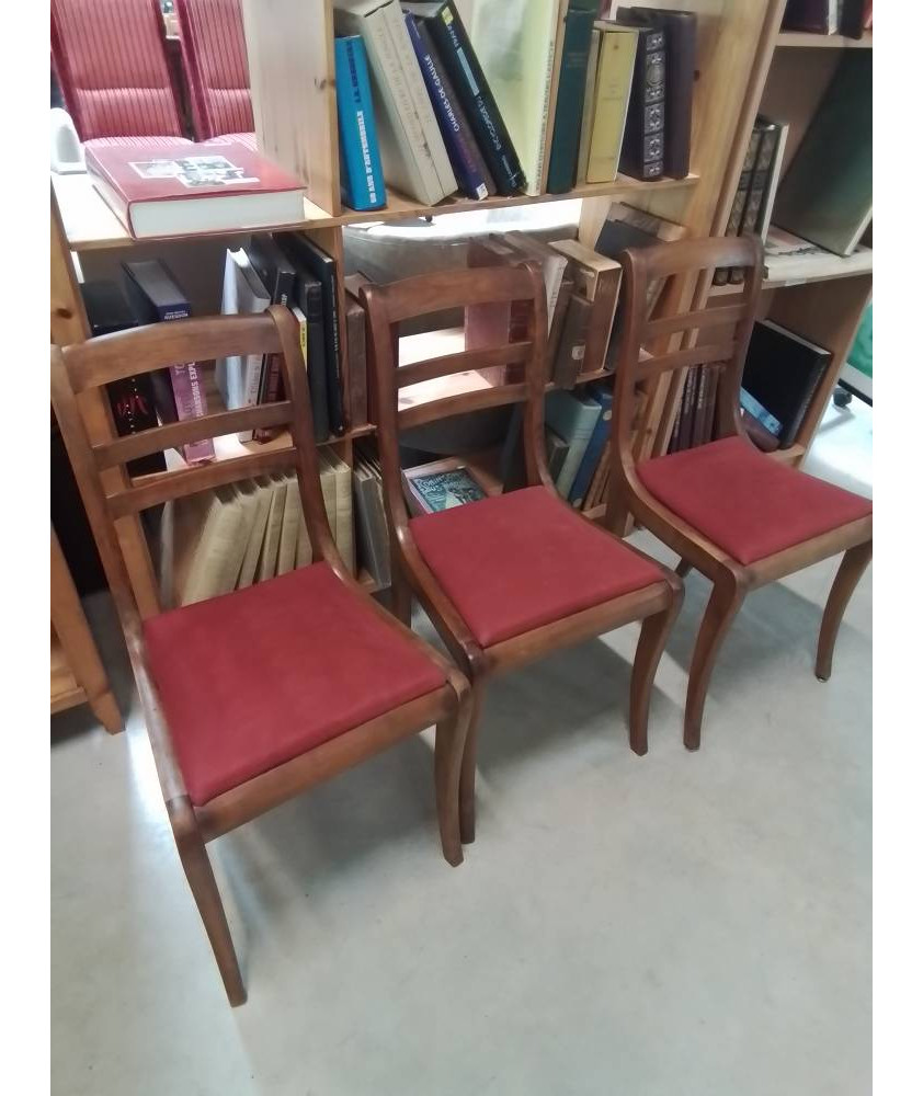 3 CHAISE BOIS ASSISE CAPITONNÉ TISSU ROUGE DOSSIER 3 BARREAUX STYLE RESTAURATION 
