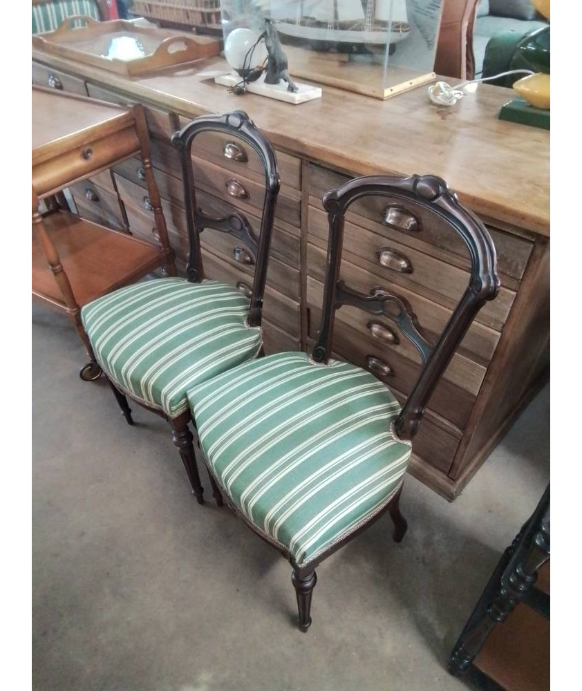 PAIRE DE CHAISES NAPOLÉON III PALISSANDRE ASSISE TISSU VERT A RAYURES 