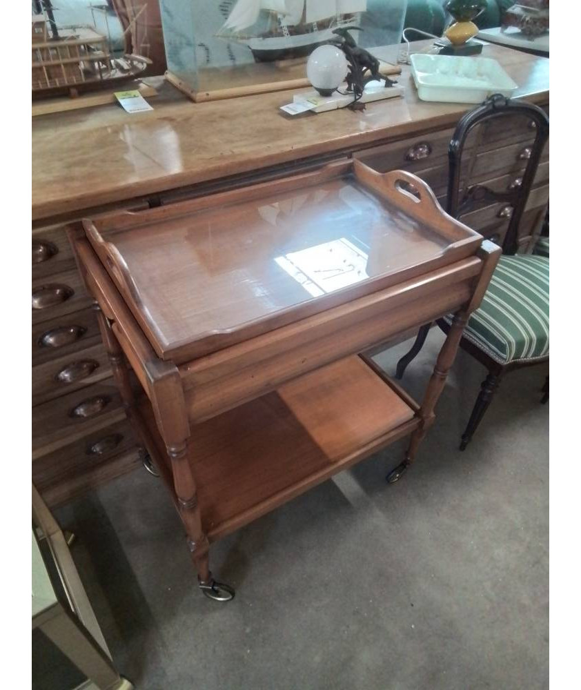 DESSERTE A ROULETTES A COLONNES BOIS CLAIR AVEC PLATEAU 2 TIROIRS 