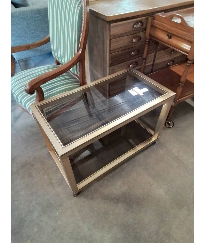 CONSOLE A ROULETTES LAITON ET 2 PLATEAUX VERRE FUMÉ ANNÉES 70