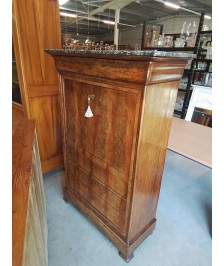 SECRÉTAIRE BOIS 4 TIROIRS 1 PORTE DESSUS MARBRE NOIR VEINE FIN XIXE