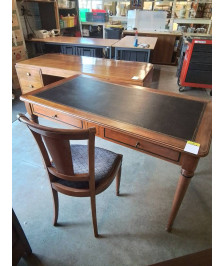 BUREAU PLAT BOIS CLAIR DESSUS CUIR NOIR 2 TIROIRS AVEC CHAISE BOIS CAPITONNÉ TISSU GRIS STYLE DIRECT