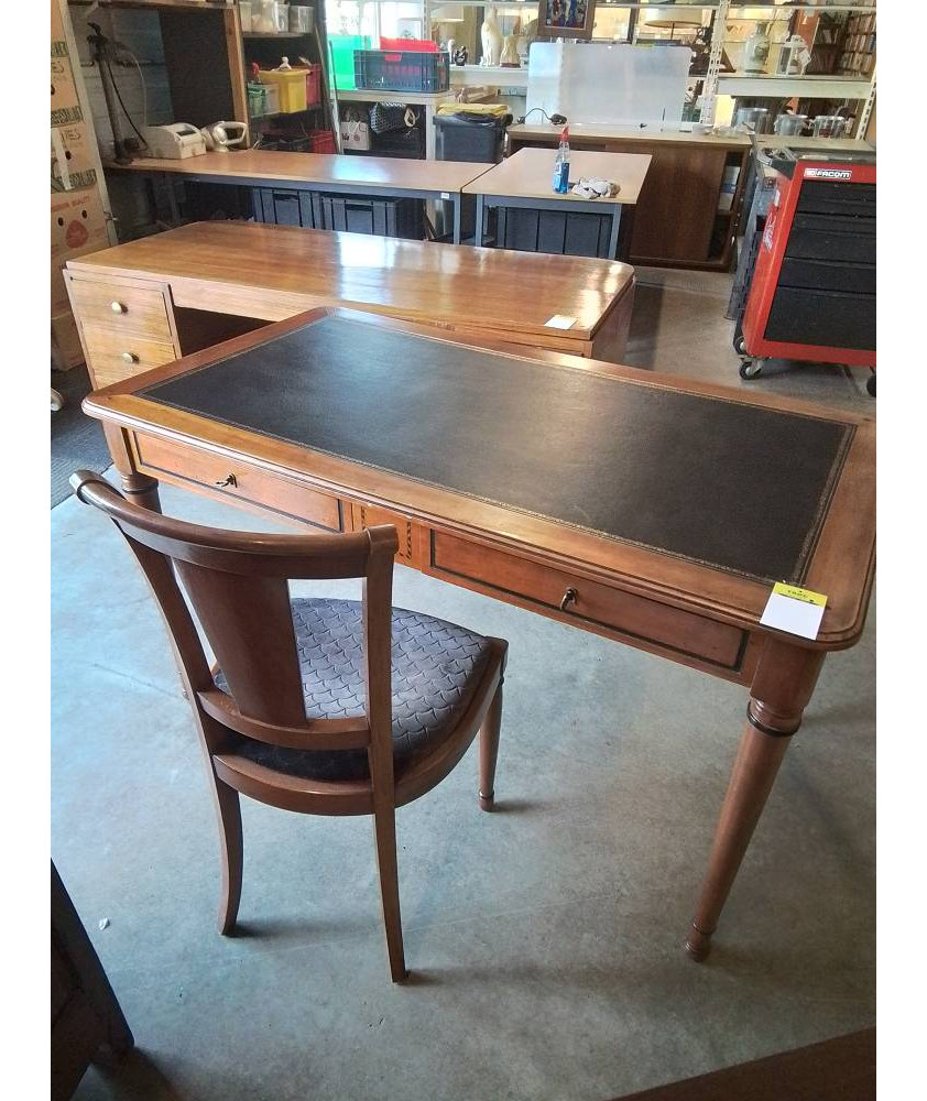 BUREAU PLAT BOIS CLAIR DESSUS CUIR NOIR 2 TIROIRS AVEC CHAISE BOIS CAPITONNÉ TISSU GRIS STYLE DIRECT