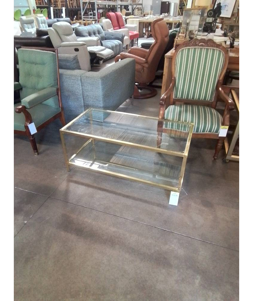 TABLE BASSE RECTANGULAIRE LAITON ET 2 PLATEAUX VERRE ANNÉES 70