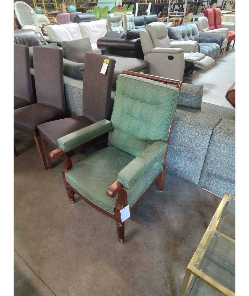 FAUTEUIL BOIS PIEDS CANNELÉ CAPITONNÉ TISSU VERT 