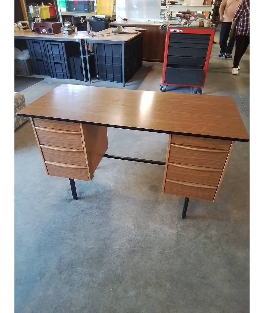 BUREAU RECTANGULAIRE BOIS ET FORMICA MARRON PIÈTEMENT MÉTAL NOIR 6 TIROIRS ANNÉES 70
