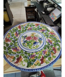 PLAT ROND CÉRAMIQUE ECRU BLEU AUX FLEURS 53CM