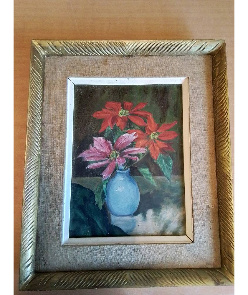 HUILE SUR PANNEAU BOUQUET DE FLEURS AU VASE BLEU CADRE DORÉ 