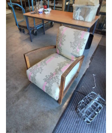 FAUTEUIL ART DÉCO BOIS ASSISE CAPITONNÉ TISSU ECRU 