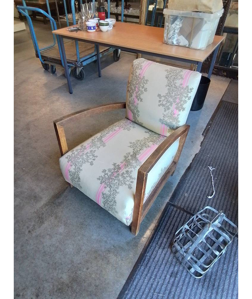 FAUTEUIL ART DÉCO BOIS ASSISE CAPITONNÉ TISSU ECRU 