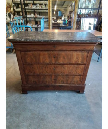 COMMODE LOUIS PHILIPPE BOIS 4 TIROIRS DESSUS MARBRE NOIR VEINÉ 