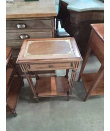 CONSOLE BOIS CLAIR A COLONNES 1 TIROIR DESSUS CUIR LISERÉ DORÉ 