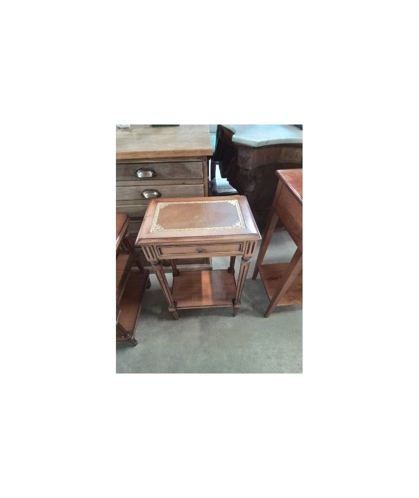 CONSOLE BOIS CLAIR A COLONNES 1 TIROIR DESSUS CUIR LISERÉ DORÉ 