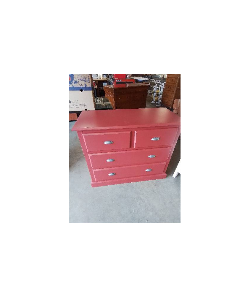COMMODE BOIS ROUGE 4 TIROIRS POIGNÉES MÉTAL 