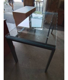 TABLE RECTANGULAIRE PIÈTEMENT MÉTAL NOIR PLATEAU VERRE 150X70X75,5CM 