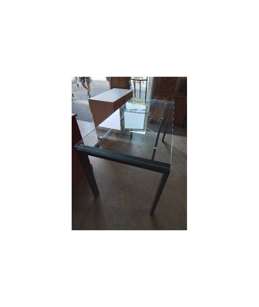TABLE RECTANGULAIRE PIÈTEMENT MÉTAL NOIR PLATEAU VERRE 150X70X75,5CM 