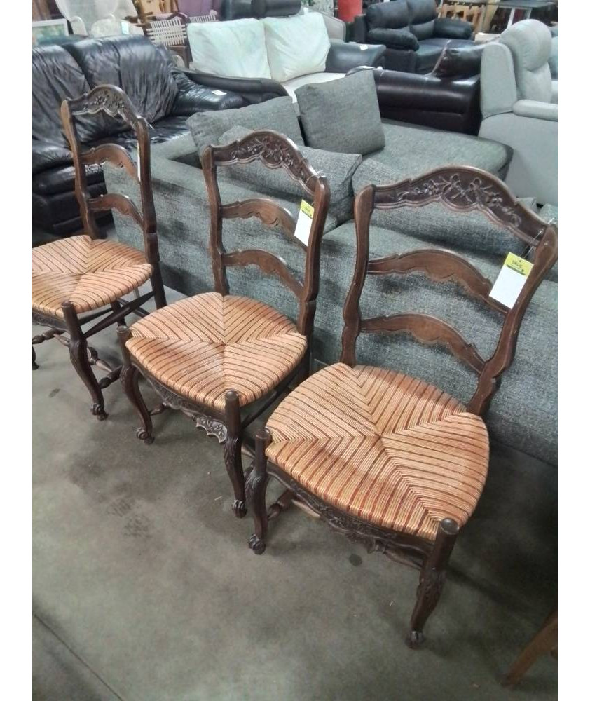 6 CHAISES BOIS DOSSIER CINTRÉ SCULPTÉ ASSISE PAILLÉE BICOLORE PIEDS ESCARGOT 