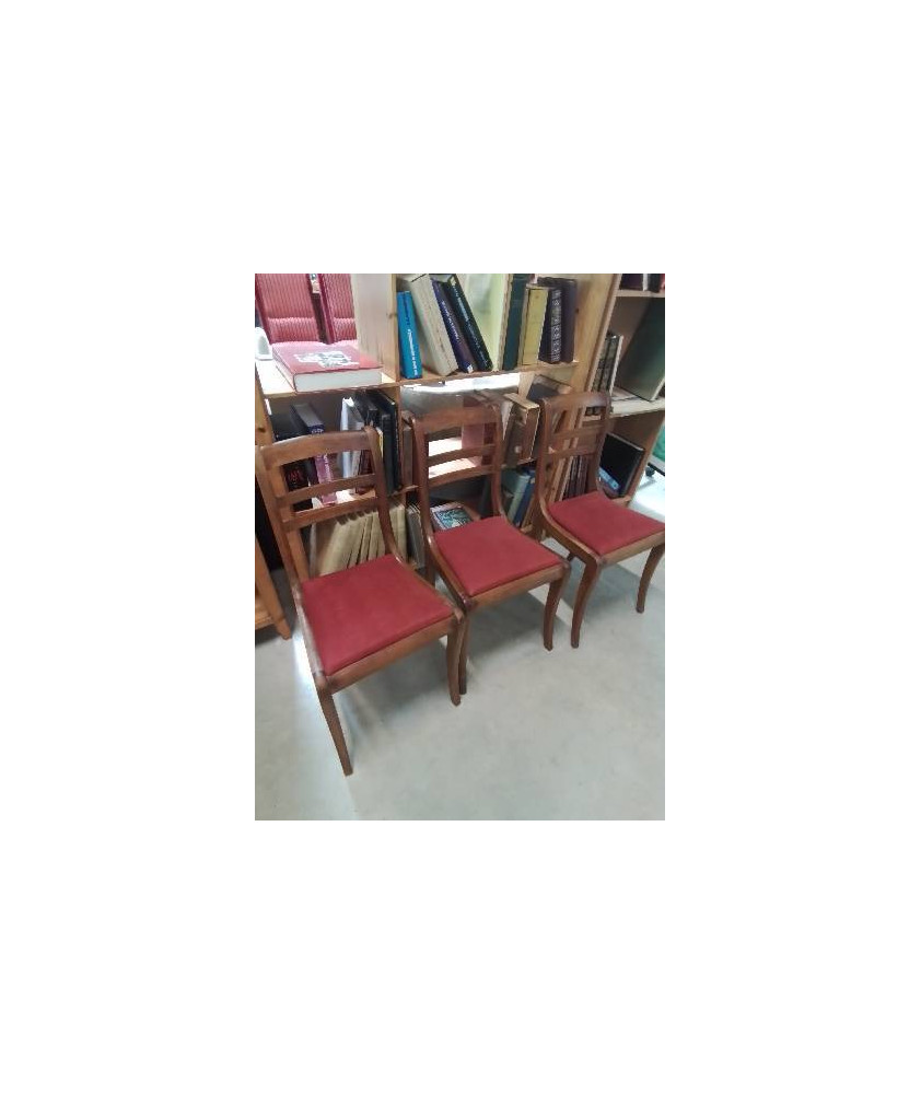 3 CHAISE BOIS ASSISE CAPITONNÉ TISSU ROUGE DOSSIER 3 BARREAUX STYLE RESTAURATION 