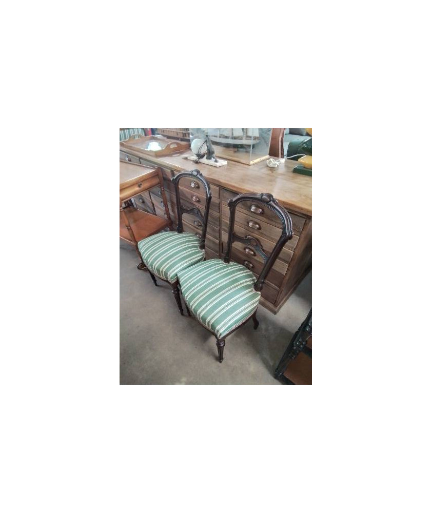 PAIRE DE CHAISES NAPOLÉON III PALISSANDRE ASSISE TISSU VERT A RAYURES 