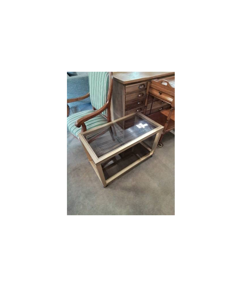 CONSOLE A ROULETTES LAITON ET 2 PLATEAUX VERRE FUMÉ ANNÉES 70