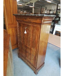 SECRÉTAIRE BOIS 4 TIROIRS 1 PORTE DESSUS MARBRE NOIR VEINE FIN XIXE