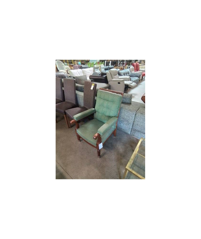 FAUTEUIL BOIS PIEDS CANNELÉ CAPITONNÉ TISSU VERT 