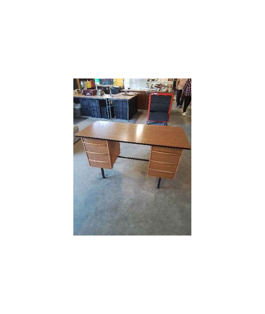 BUREAU RECTANGULAIRE BOIS ET FORMICA MARRON PIÈTEMENT MÉTAL NOIR 6 TIROIRS ANNÉES 70
