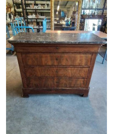 COMMODE LOUIS PHILIPPE BOIS 4 TIROIRS DESSUS MARBRE NOIR VEINÉ 