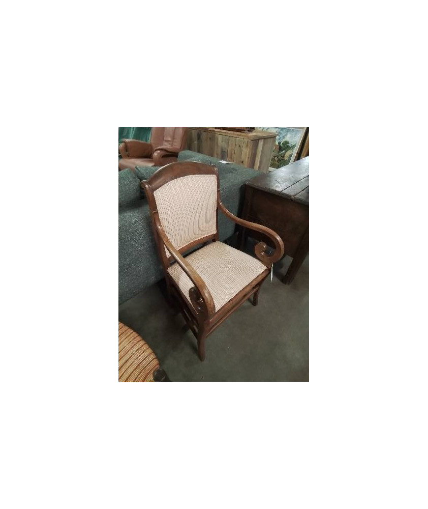 FAUTEUIL A CROSSES BOIS CLAIR ASSISE ET DOSSIER TISSU ÉCRU A PETITS CARREAUX STYLE RESTAURATION 
