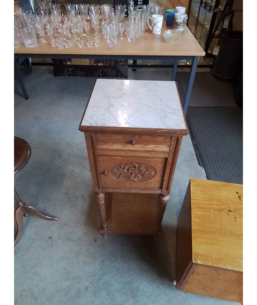 CHEVET A COLONNES 1 PORTE 1 TIROIR PLATEAU MARBRE BLANC FIN XIXE 