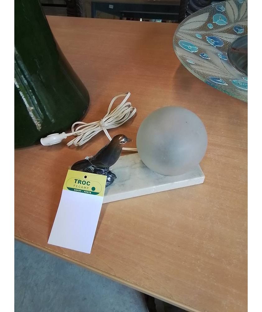 LAMPE ART DÉCO AU MOINEAU SOCLE MARBRE BOULE VERRE 
