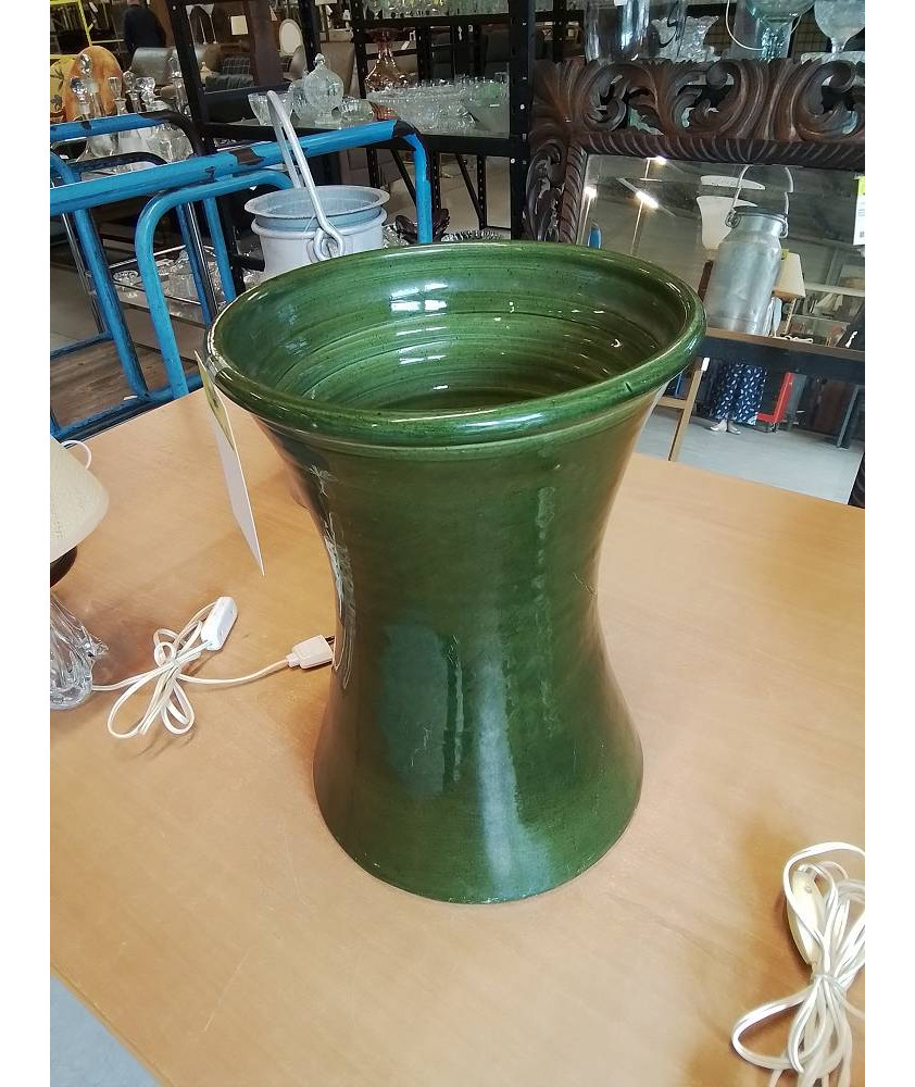 VASE DIABOLO CÉRAMIQUE ÉMAILLÉE VERT ANNÉES 50 35,5CM