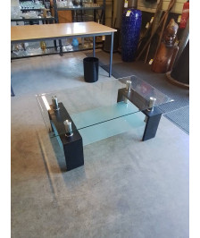 TABLE BASSE RECTANGULAIRE PIÈTEMENT BOIS NOIR 2 PLATEAUX VERRE