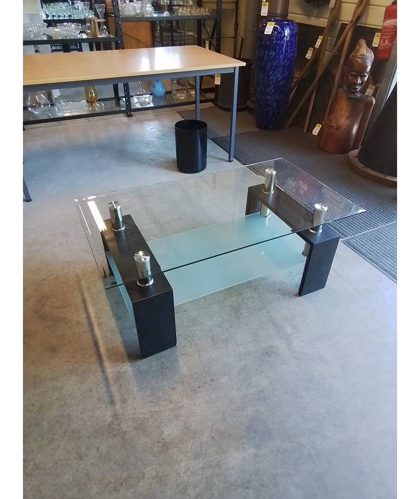 TABLE BASSE RECTANGULAIRE PIÈTEMENT BOIS NOIR 2 PLATEAUX VERRE
