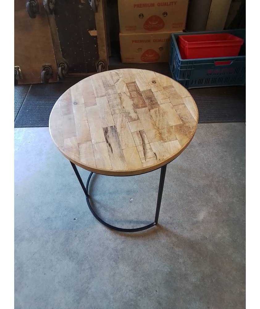 TABLE BASSE RONDE PIÈTEMENT MÉTAL NOIR PLATEAU BOIS CLAIR 