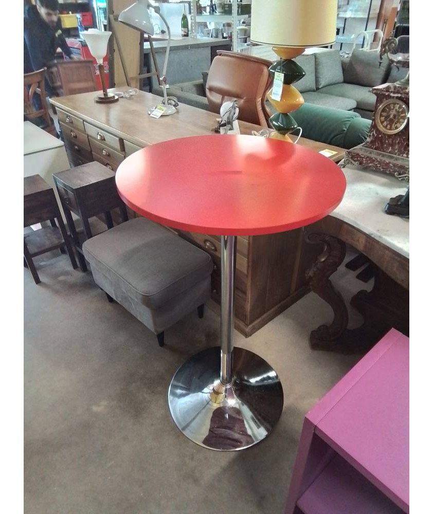 TABLE MANGE DEBOUT PIÈTEMENT MÉTAL CHROMÉ PLATEAU BOIS ROUGE