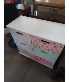 COMMODE ENFANT 6 TIROIRS BOIS BLANC ROSE ÉCRU A FLEURS 