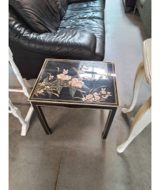 TABLE BASSE RECTANGULAIRE BOIS LAQUÉ NOIR DÉCOR AUX OISEAUX STYLE ASIATIQUE 