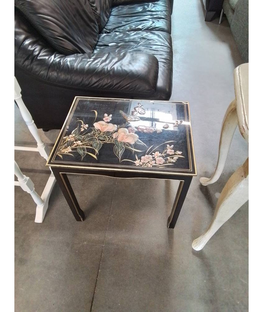 TABLE BASSE RECTANGULAIRE BOIS LAQUÉ NOIR DÉCOR AUX OISEAUX STYLE ASIATIQUE 
