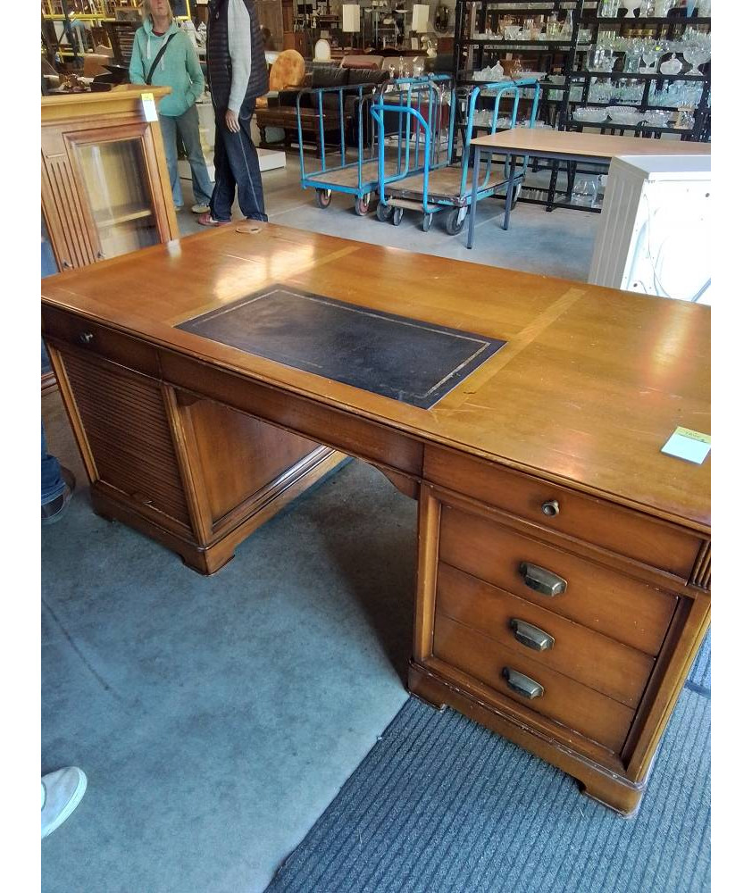 BUREAU RECTANGULAIRE A RIDEAU BOIS CLASSEUR 6 TIROIRS DESSUS CUIR NOIR 