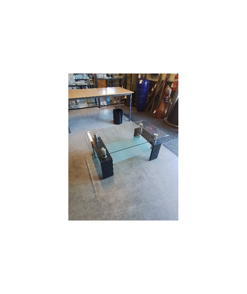 TABLE BASSE RECTANGULAIRE PIÈTEMENT BOIS NOIR 2 PLATEAUX VERRE