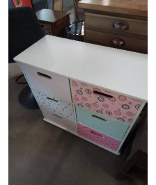COMMODE ENFANT 6 TIROIRS BOIS BLANC ROSE ÉCRU A FLEURS 