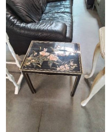 TABLE BASSE RECTANGULAIRE BOIS LAQUÉ NOIR DÉCOR AUX OISEAUX STYLE ASIATIQUE 